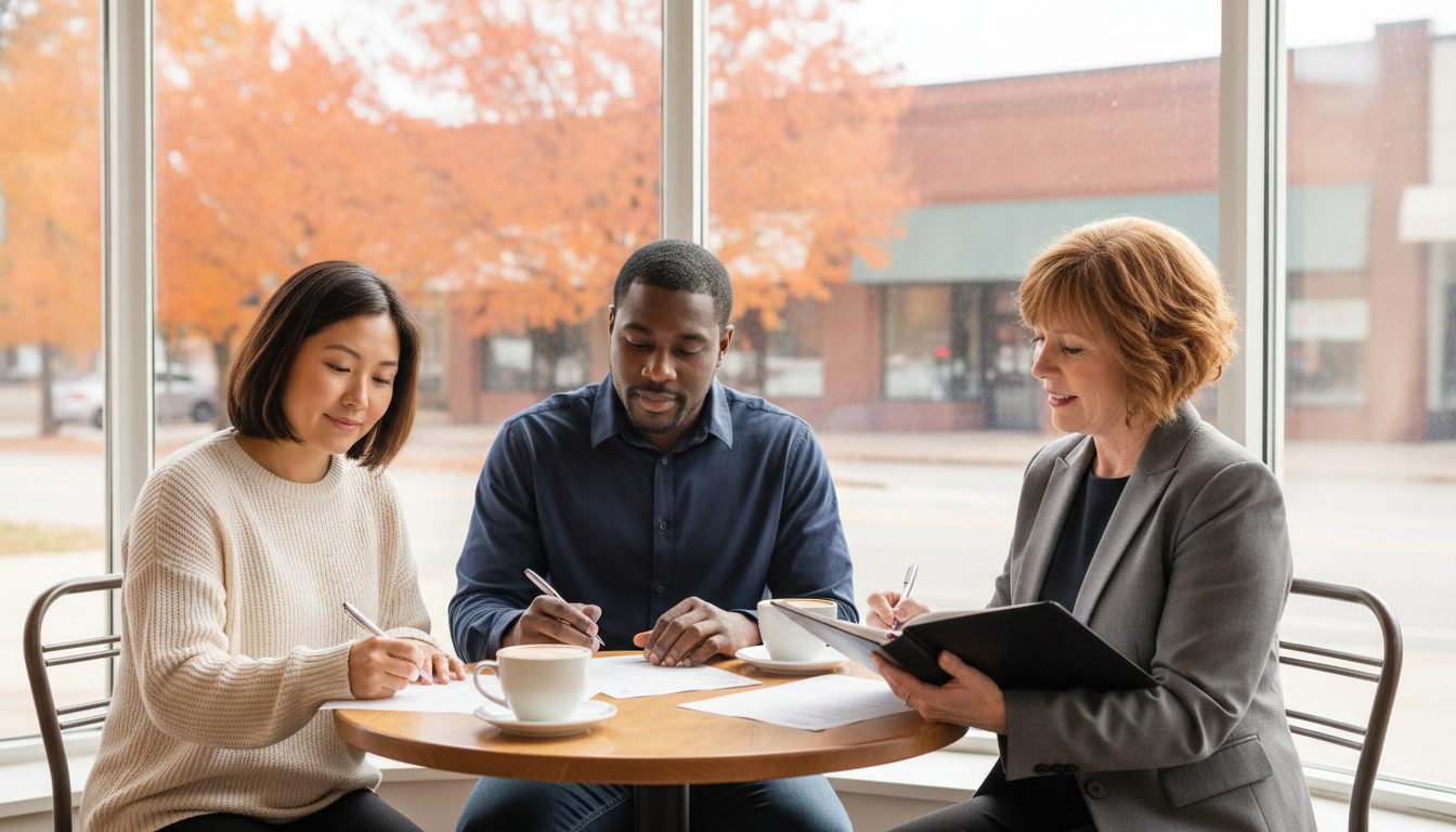 Two people sign documents at a bright cafe table while a notary records the signing in her journal.