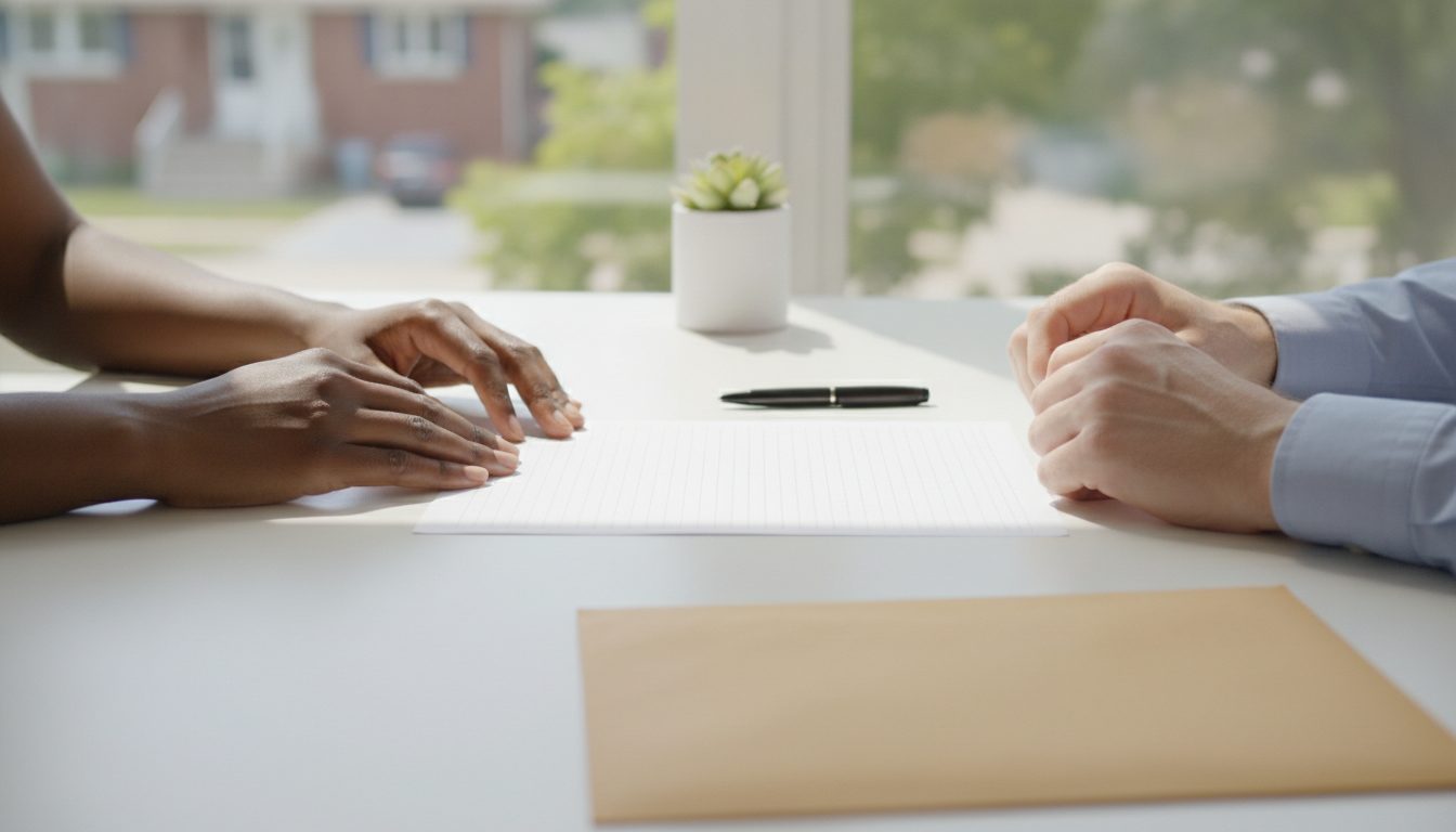 Two people's hands rest on a desk beside a blank form, a pen and a large envelope in bright daylight.